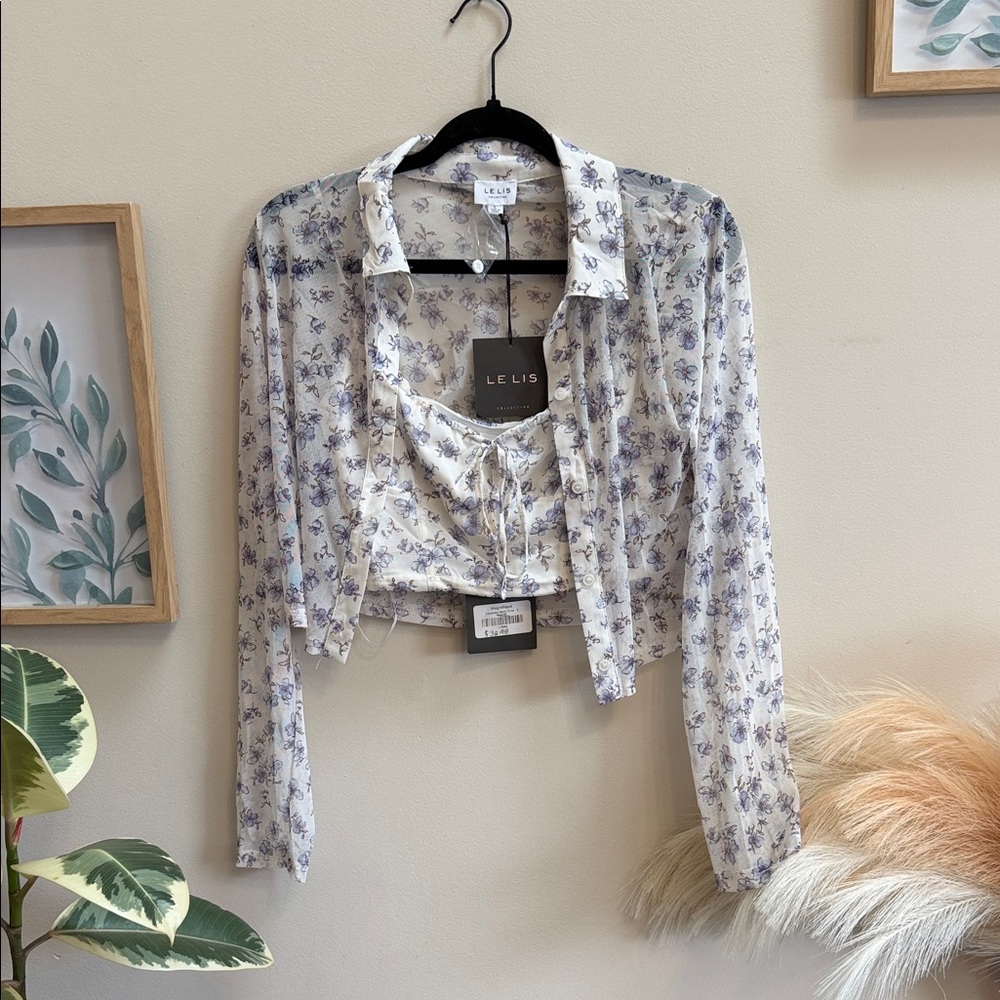 Le Lis Cream and Blue Floral Tie-Front Crop Camisole with Button-Down Shirt